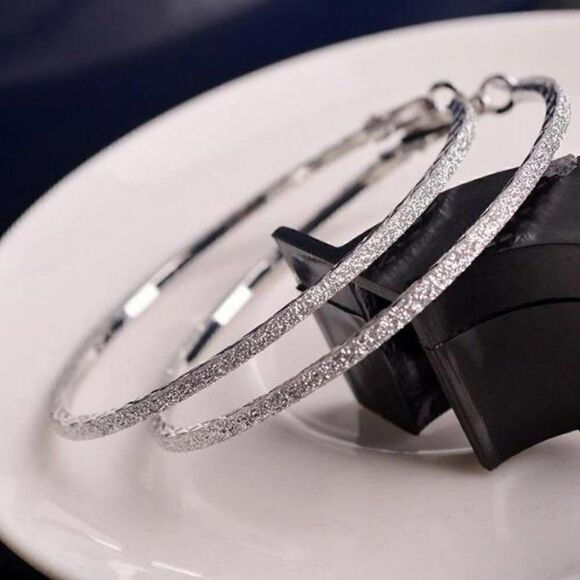 Sparkly Silver Tone Hoop Earrings 2.25" - Picture 1 of 6